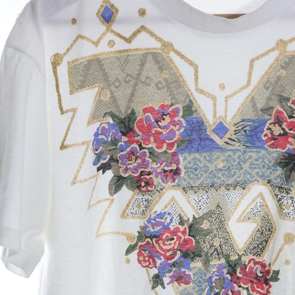 Vintage T Shirt Top‎ Women White Floral Glitter Cotton Single Stitch 90s Large